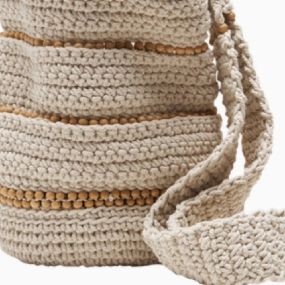 Free People Boho Meet Me Mallorca White Sand Handcrafted Cream Brown Crochet Bag